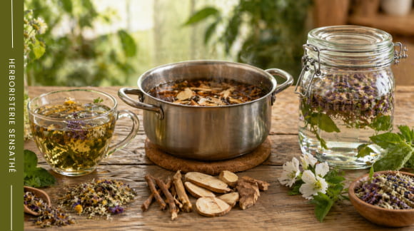 Comparaison visuelle entre différentes préparations d'herboristerie infusion décoction et macération à froid en phytothérapie - Herboristerie Sensathé Comparaison visuelle entre différentes préparations d'herboristerie infusion décoction et macération à froid en phytothérapie - Herboristerie Sensathé
